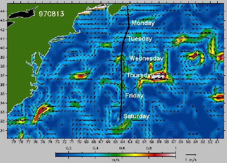 Ocean currents for 1997 Aug 13 with our noon fixes and approx route