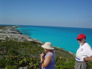 Norman and Sarah on Booboo hill, Warderick Wells Bahamas